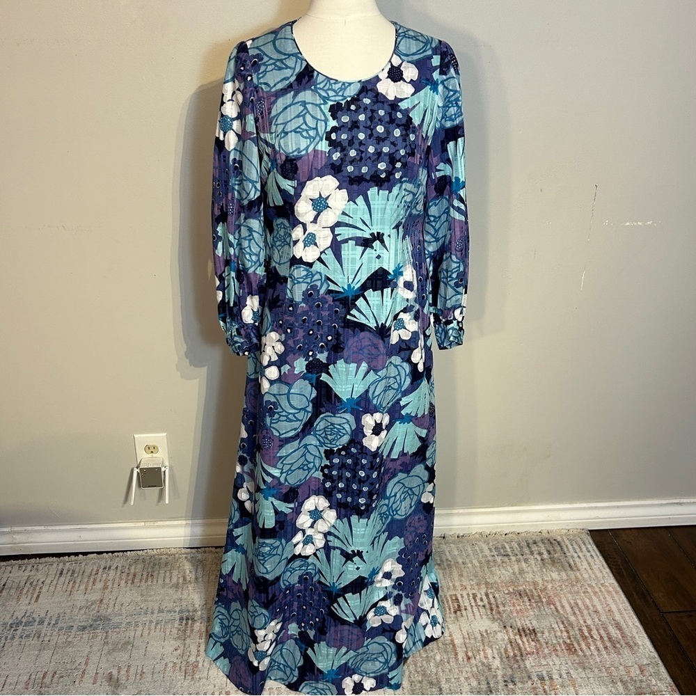 Floral Blue Maxi Dress with Long Sleeves